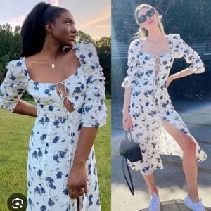 Reformation Roberta Midi Dress in White with Blue Floral